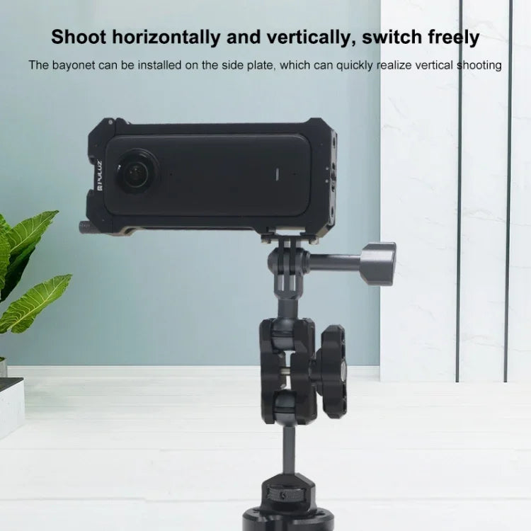Cage de protection métallique PULUZ pour Insta360 X3, avec base extensible pour griffe flash et adaptateur pour trépied. Cage métallique en stock aux États-Unis. Compatible avec Insta360 X3.