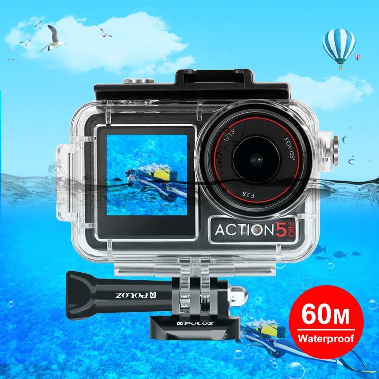 Boîtier étanche PULUZ 60 m pour DJI Osmo Action 5 Pro / 3 / 4, avec griffe porte-accessoires, fixation basique à boucle et vis. Boîtier étanche pour DJI Osmo Action 3 / 4.