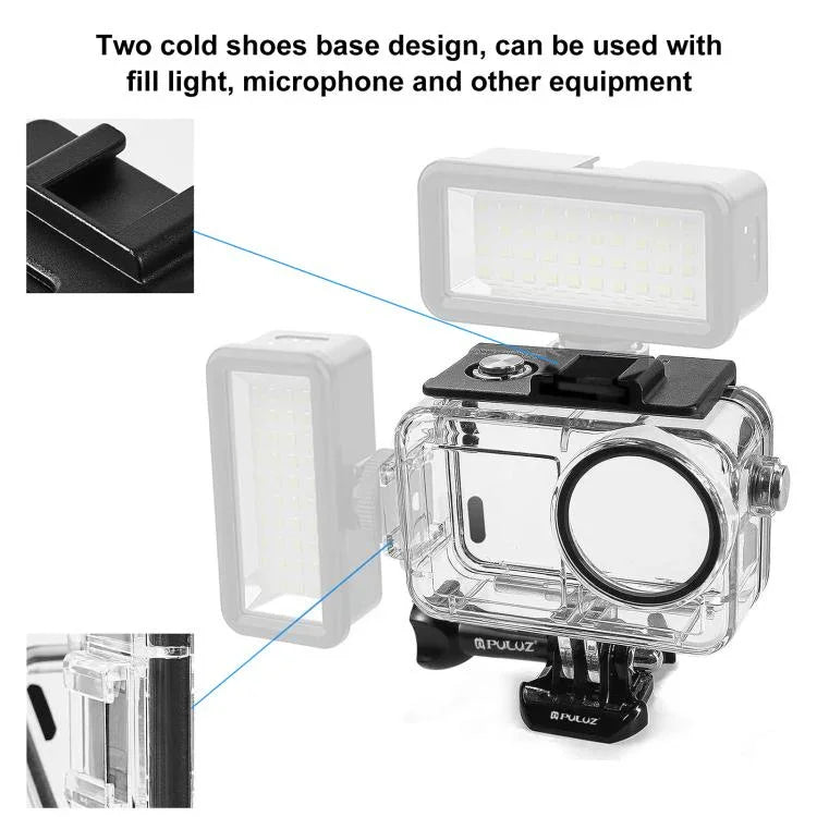 Boîtier étanche PULUZ 60 m pour DJI Osmo Action 5 Pro / 3 / 4, avec griffe porte-accessoires, fixation basique à boucle et vis. Boîtier étanche pour DJI Osmo Action 3 / 4.