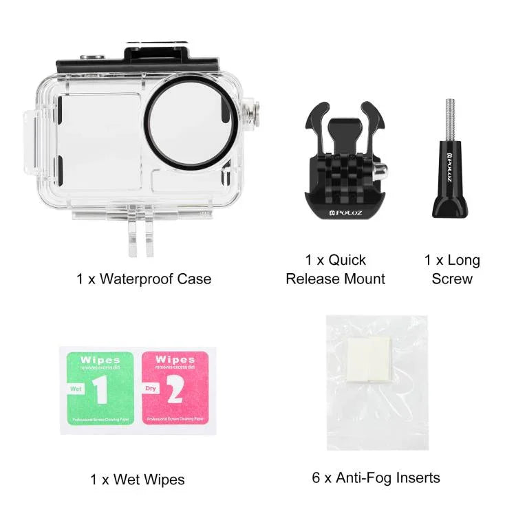 Boîtier étanche PULUZ 60 m pour DJI Osmo Action 5 Pro / 3 / 4, avec griffe porte-accessoires, fixation basique à boucle et vis. Boîtier étanche pour DJI Osmo Action 3 / 4.