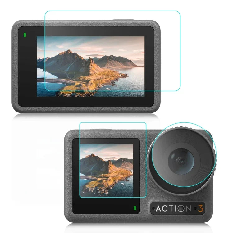 Film de protection en verre trempé anti-explosion pour écran avant et arrière de l'objectif PULUZ 3-en-1 de DJI Osmo Action 3