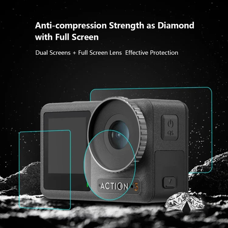 Film de protection en verre trempé anti-explosion pour écran avant et arrière de l'objectif PULUZ 3-en-1 de DJI Osmo Action 3