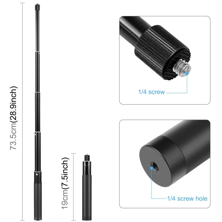 Perche à selfie monopode en métal PULUZ de 73,5 cm avec base adaptatrice invisible et vis pour Insta360 One RS / X2 / X3 / DJI Osmo 360, monopode de 70 cm