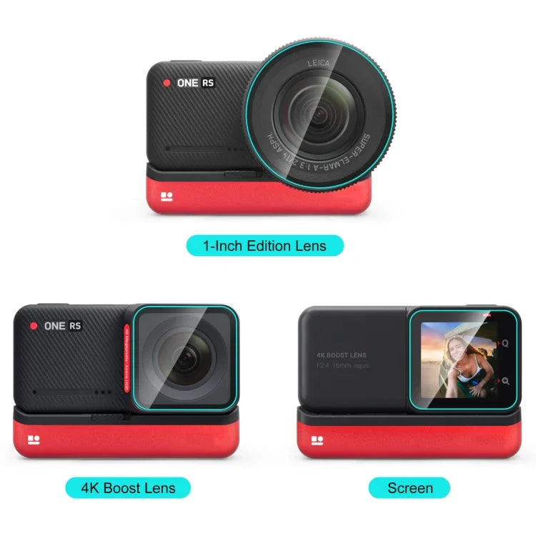 Film de protection en verre trempé pour Insta360 One RS PULUZ 3 en 1 : écran, objectif 4K et objectif Leica.