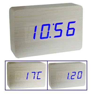 Horloge en bois 3 en 1 (affichage alternatif de l'heure, du mois & de la date et de la température), Blanc, Horloge en bois 3 en 1