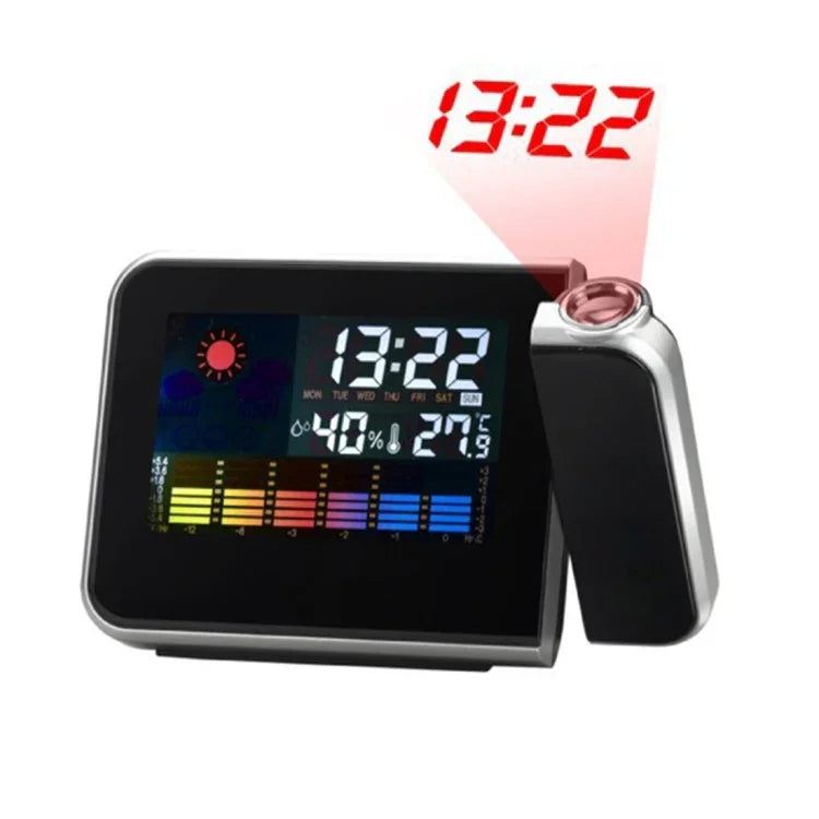 Réveil multifonction à affichage LCD couleur numérique avec projection LED, station météo / température / humidité / calendrier, Réveil à projection LED