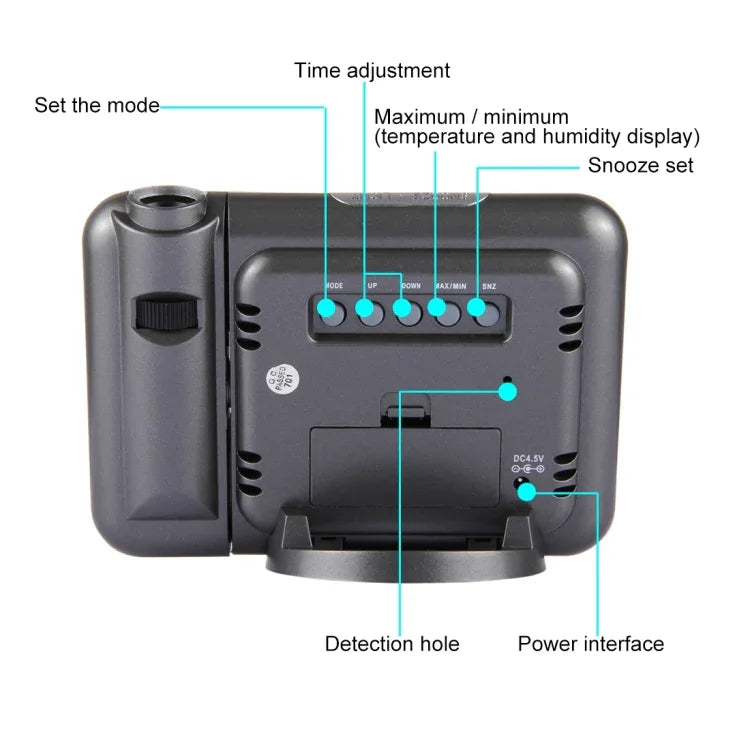 Réveil multifonction à affichage LCD couleur numérique avec projection LED, station météo / température / humidité / calendrier, Réveil à projection LED