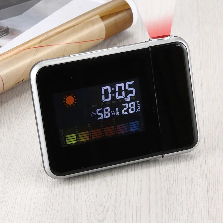 Réveil multifonction à affichage LCD couleur numérique avec projection LED, station météo / température / humidité / calendrier, Réveil à projection LED