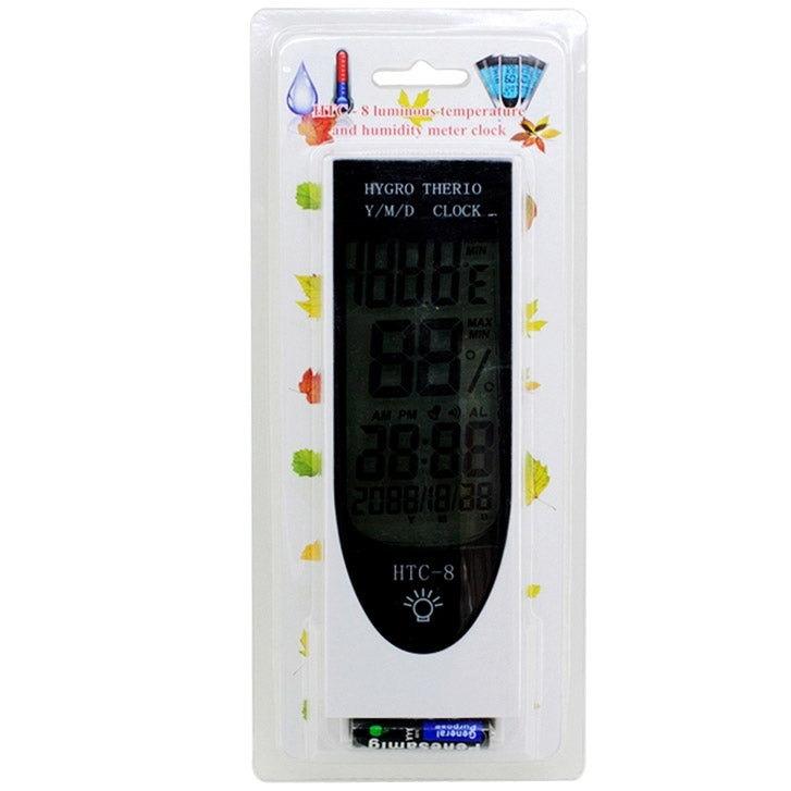 Thermomètre numérique LED LCD lumineux HTC-8 avec hygromètre rétroéclairé, humidimètre, alarme / date / horloge / calendrier, HTC-8