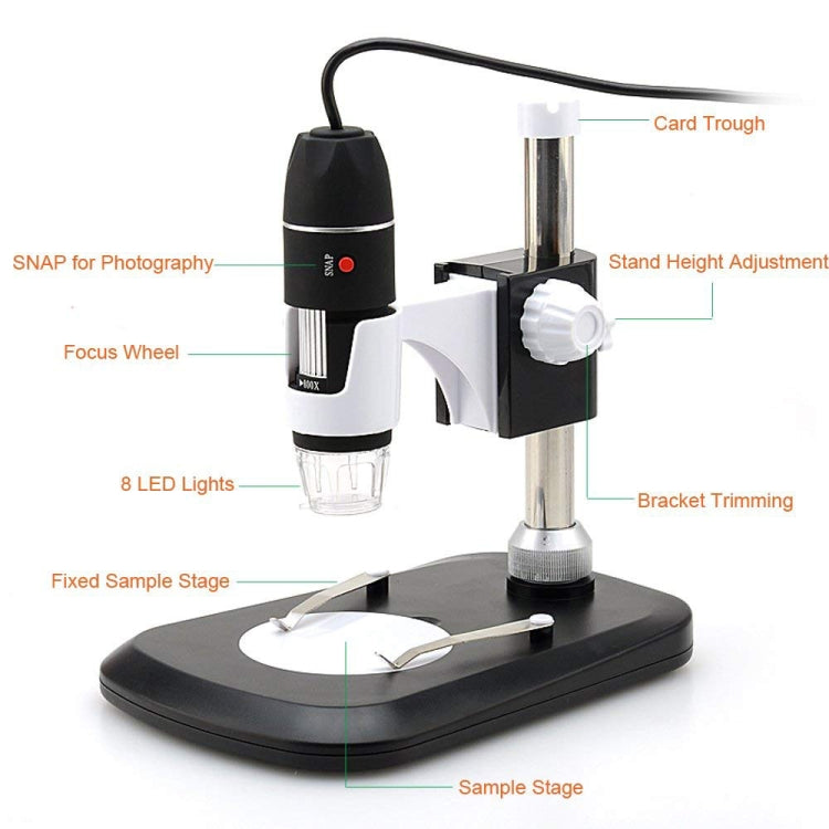 Microscope Numérique USB DMS-MDS800 40X-800X Capteur d'Image 2.0MP avec 8 LEDs & Support Professionnel, 40X-800X