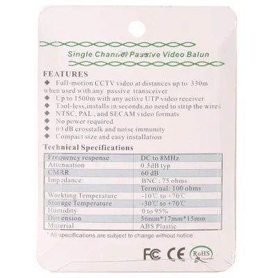 2 PCS UTP Réseau Vidéo Balun CAT5 vers Caméra CCTV BNC DVR O-611, 206A