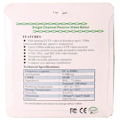 2 PCS Émetteurs-récepteurs Passifs UTP Vidéo Réseau Balun CAT5 vers Caméra CCTV BNC DVR O-612, 206C
