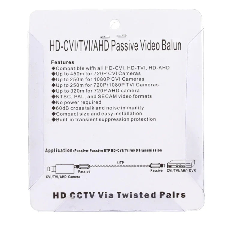 2 PCS 202E-HD Adaptateur coaxial passif vidéo balun 1 canal CVI/TVI/AHD, 202E-HD