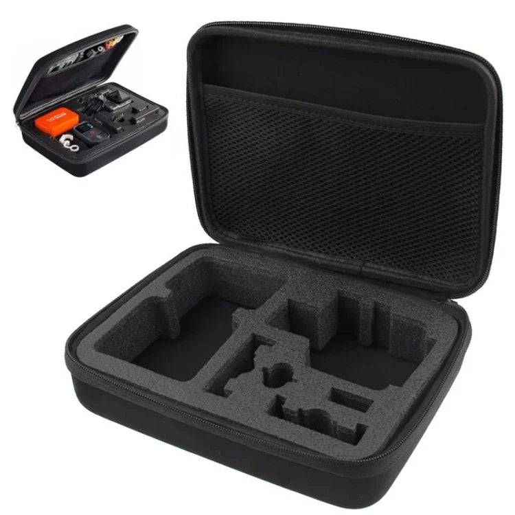 Étui portable antichoc et étanche en EVA pour GoPro, Insta360, DJI et autres caméras d'action. Dimensions : 22,5 cm x 17,5 cm x 6,7 cm.