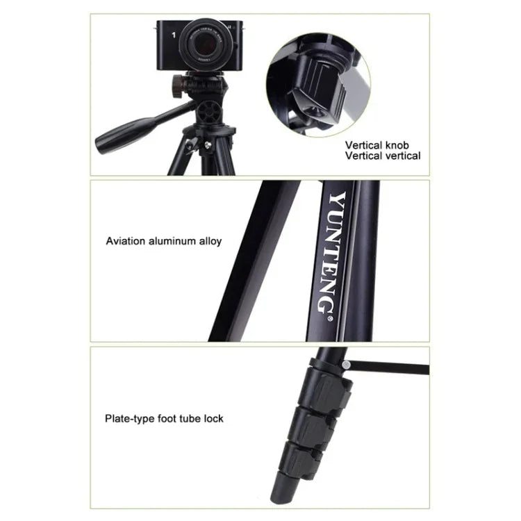 Trépied YUNTENG VCT-681 138 cm pour appareils photo reflex/micro-reflex/numériques, pieds pliables en aluminium à 4 sections, compatible avec Canon/Nikon/Panasonic/Pentax/Casio/Sony/Fuji (capacité de charge : 3 kg)