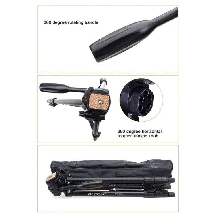 Trépied YUNTENG VCT-681 138 cm pour appareils photo reflex/micro-reflex/numériques, pieds pliables en aluminium à 4 sections, compatible avec Canon/Nikon/Panasonic/Pentax/Casio/Sony/Fuji (capacité de charge : 3 kg)