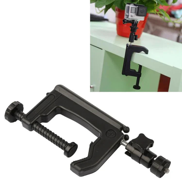 Support de bureau à pince avec adaptateur pour trépied compatible avec GoPro, Insta360, DJI et autres caméras d'action. Diamètre de la pince : 1 à 6 cm.