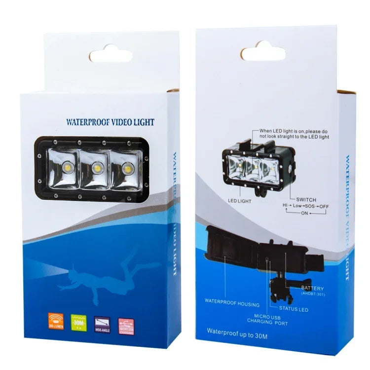 Lampe torche vidéo étanche à 30 m avec 3 modes d'éclairage, support de fixation et vis pour GoPro, Insta360, DJI et autres caméras d'action.