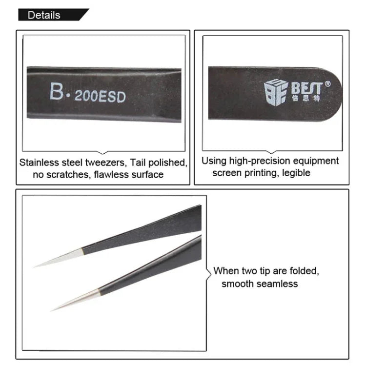 Pinces Antistatiques en Acier Inoxydable 202 BEST BST-200ESD, BST-200ESD