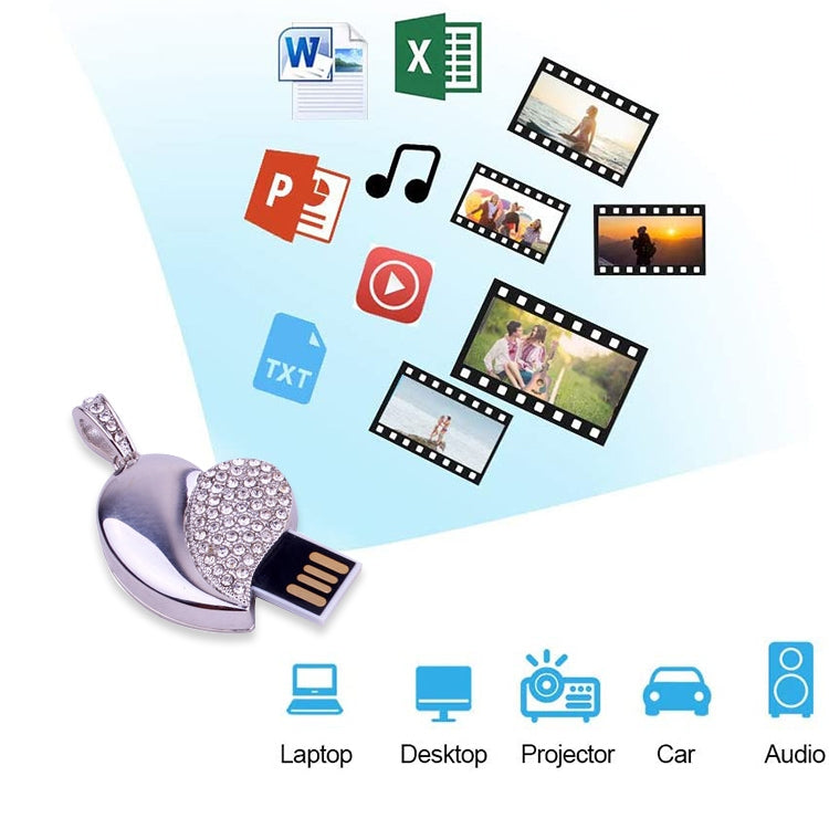 Clé USB bijou diamant en forme de cœur argenté, spécial cadeaux Saint-Valentin, 2GB, 4GB, 8GB, 16GB, 32GB