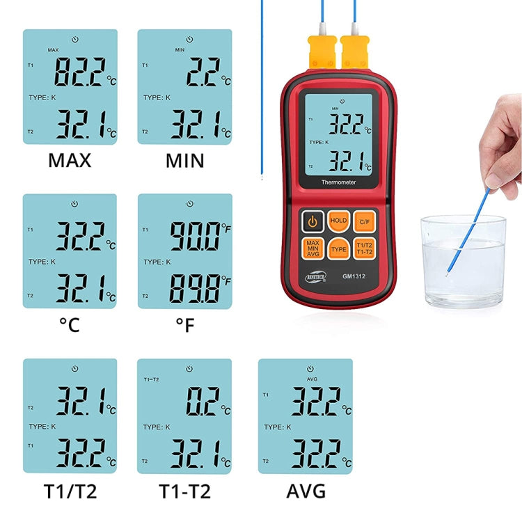 Thermomètre thermocouple BENETECH GM1312 écran LCD 2,4 pouces, mesure des types J, K, T, E, N et R, plage de mesure : -50~300°C