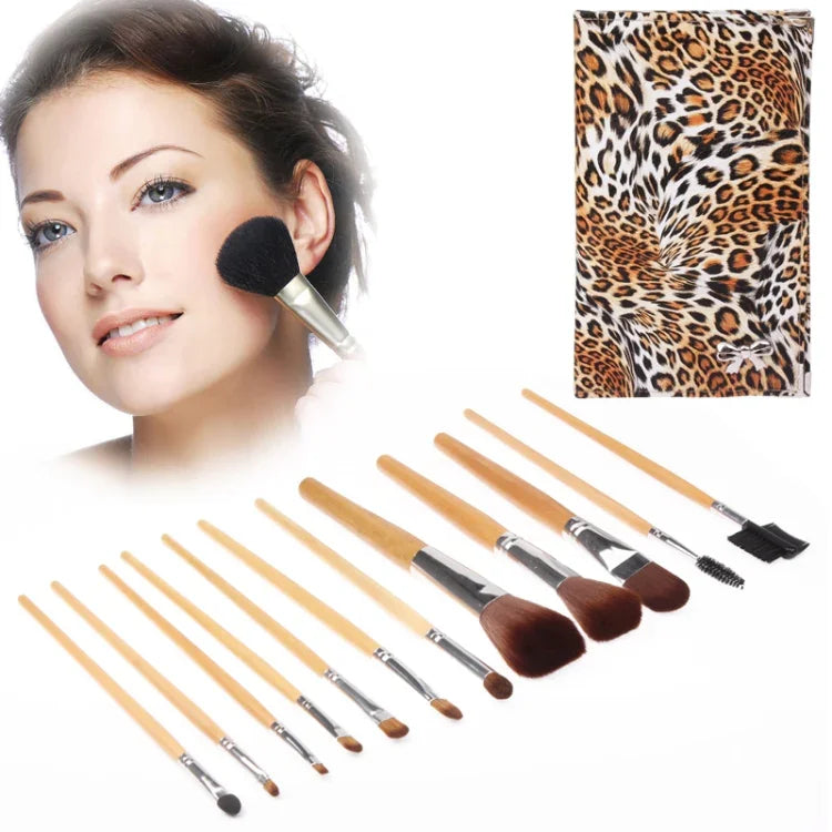 Trousse de voyage pliable à motif panthère pour pinceaux de maquillage pour femme / Trousse de 12 pinceaux pour soins du visage, 12 pièces