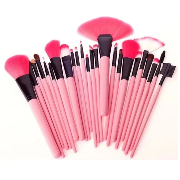 24 pinceaux de maquillage en poils de chèvre à manche rose avec pochette rose, 24 pièces