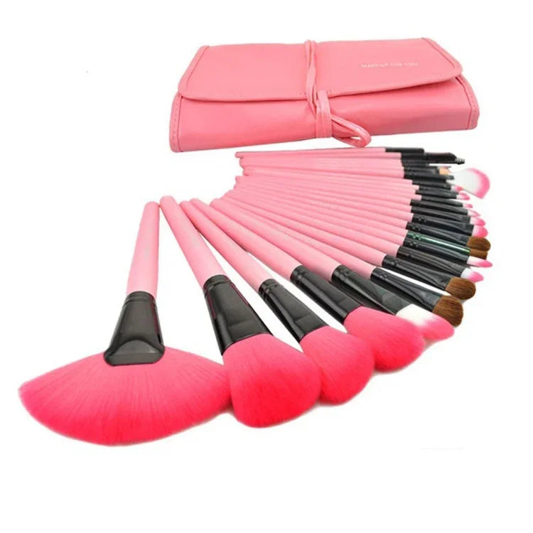 24 pinceaux de maquillage en poils de chèvre à manche rose avec pochette rose, 24 pièces