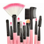 24 pinceaux de maquillage en poils de chèvre à manche rose avec pochette rose, 24 pièces