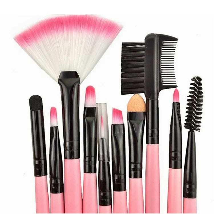 24 pinceaux de maquillage en poils de chèvre à manche rose avec pochette rose, 24 pièces