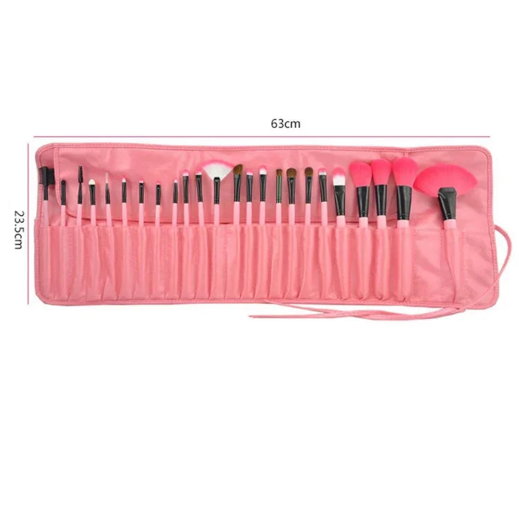 24 pinceaux de maquillage en poils de chèvre à manche rose avec pochette rose, 24 pièces