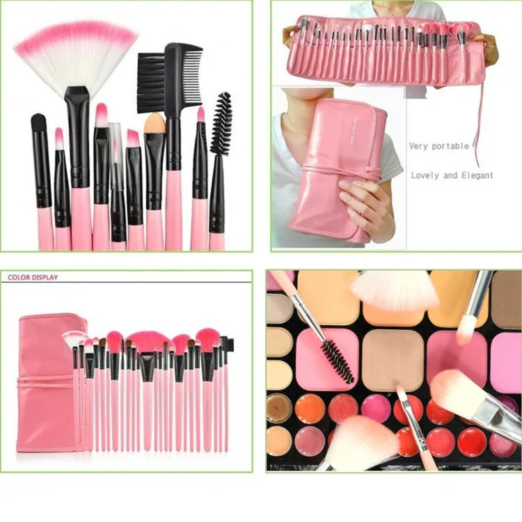 24 pinceaux de maquillage en poils de chèvre à manche rose avec pochette rose, 24 pièces