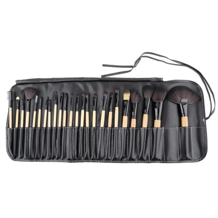 Lot de 24 pinceaux de maquillage à manche en bois et poils de cheval avec sac en cuir noir, 24 pièces
