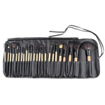 Lot de 24 pinceaux de maquillage à manche en bois et poils de cheval avec sac en cuir noir, 24 pièces