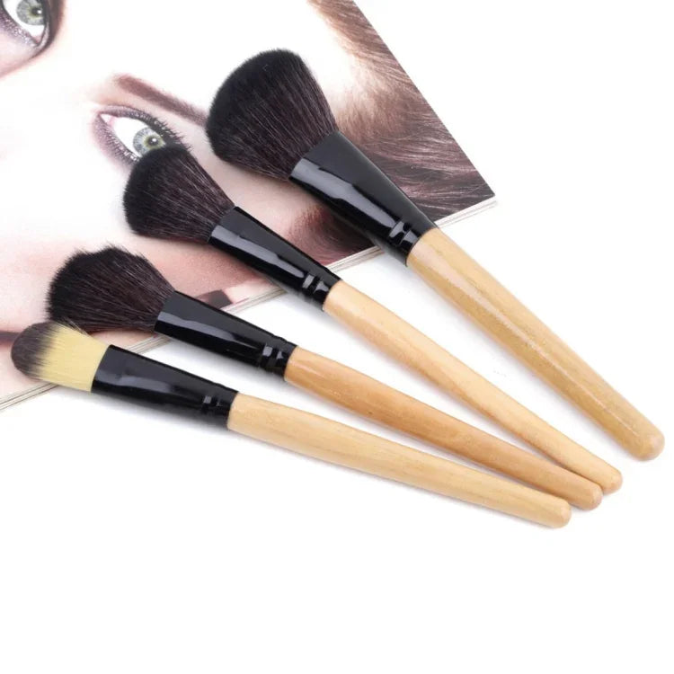 Lot de 24 pinceaux de maquillage à manche en bois et poils de cheval avec sac en cuir noir, 24 pièces
