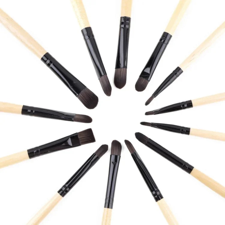 Lot de 24 pinceaux de maquillage à manche en bois et poils de cheval avec sac en cuir noir, 24 pièces