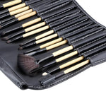 Lot de 24 pinceaux de maquillage à manche en bois et poils de cheval avec sac en cuir noir, 24 pièces