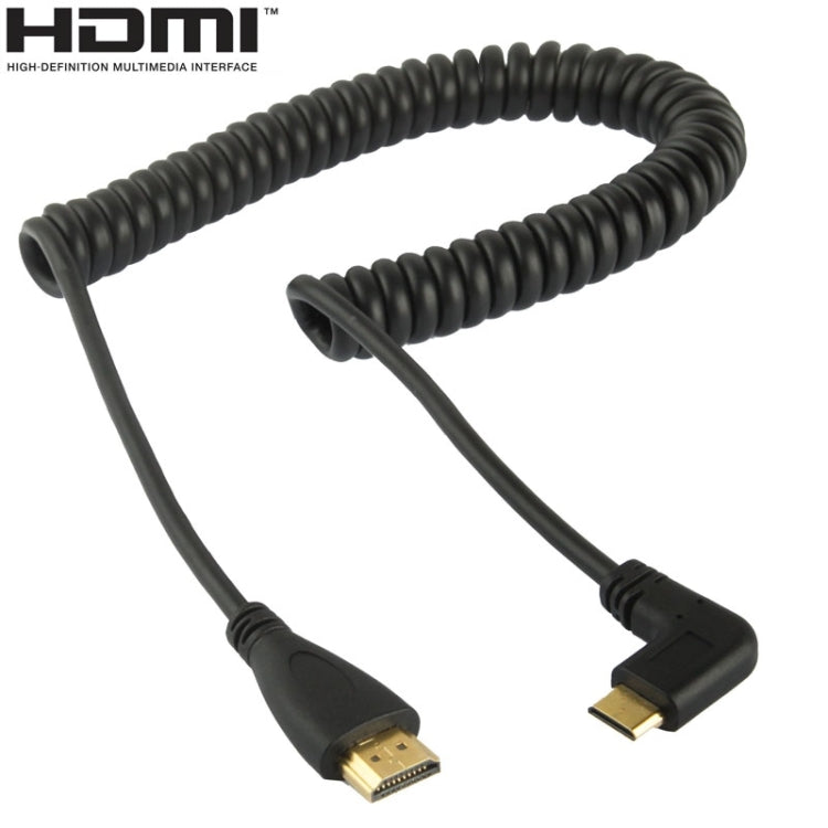 Câble enroulé Mini HDMI mâle vers HDMI mâle version 1.4 plaqué or, support 3D / Ethernet, longueur : 0,6 m-2 m, Mini HDMI à angle droit vers HDMI AM