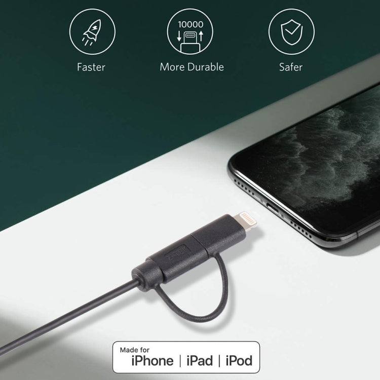 Câble de charge et synchronisation de données 1m MFI 2 en 1 8 broches + Micro USB 2.0 mâle vers USB