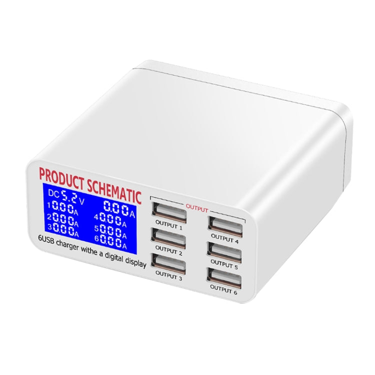 WLX-899 Chargeur USB 30W 5V 6A Sortie 3.5A Max Chargeur USB Haute Vitesse 6 Ports avec Affichage Numérique et Câble 1.5m, WLX-899