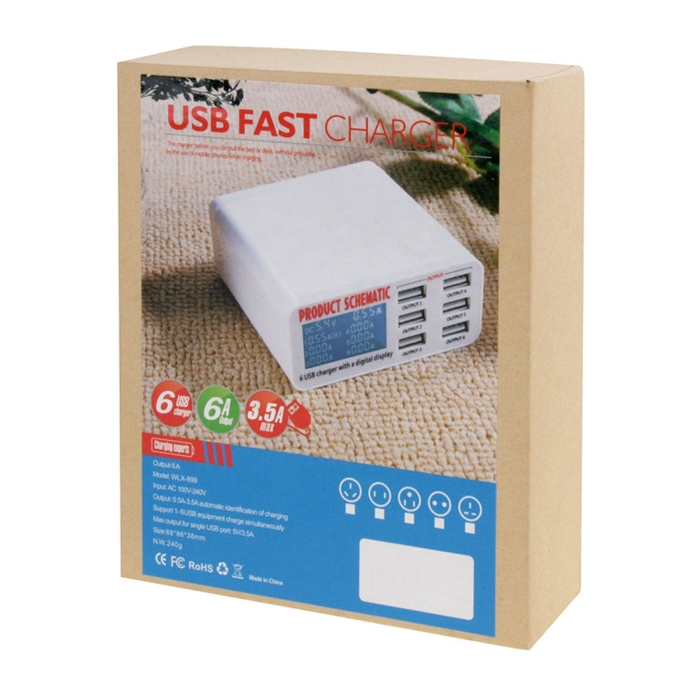 WLX-899 Chargeur USB 30W 5V 6A Sortie 3.5A Max Chargeur USB Haute Vitesse 6 Ports avec Affichage Numérique et Câble 1.5m, WLX-899