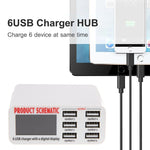 WLX-899 Chargeur USB 30W 5V 6A Sortie 3.5A Max Chargeur USB Haute Vitesse 6 Ports avec Affichage Numérique et Câble 1.5m, WLX-899