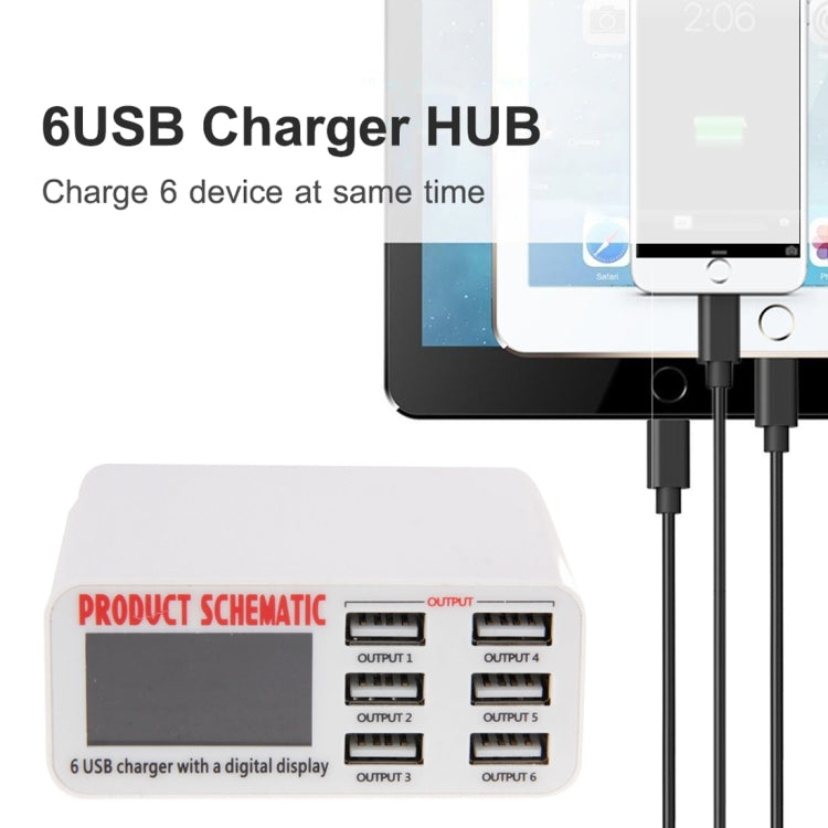 WLX-899 Chargeur USB 30W 5V 6A Sortie 3.5A Max Chargeur USB Haute Vitesse 6 Ports avec Affichage Numérique et Câble 1.5m, WLX-899
