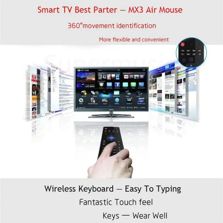 Souris aérienne sans fil MX3, clavier et télécommande 2,4 GHz avec raccourcis navigateur pour boîtier TV Android / mini PC, souris aérienne