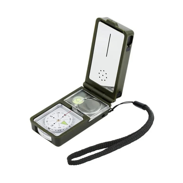 Boussole portable multifonction 10 en 1 (thermomètre, hygromètre, lumière LED, réflecteur, niveau à bulle, boussole, sifflet, pierre à feu, loupe, règle), 10 en 1