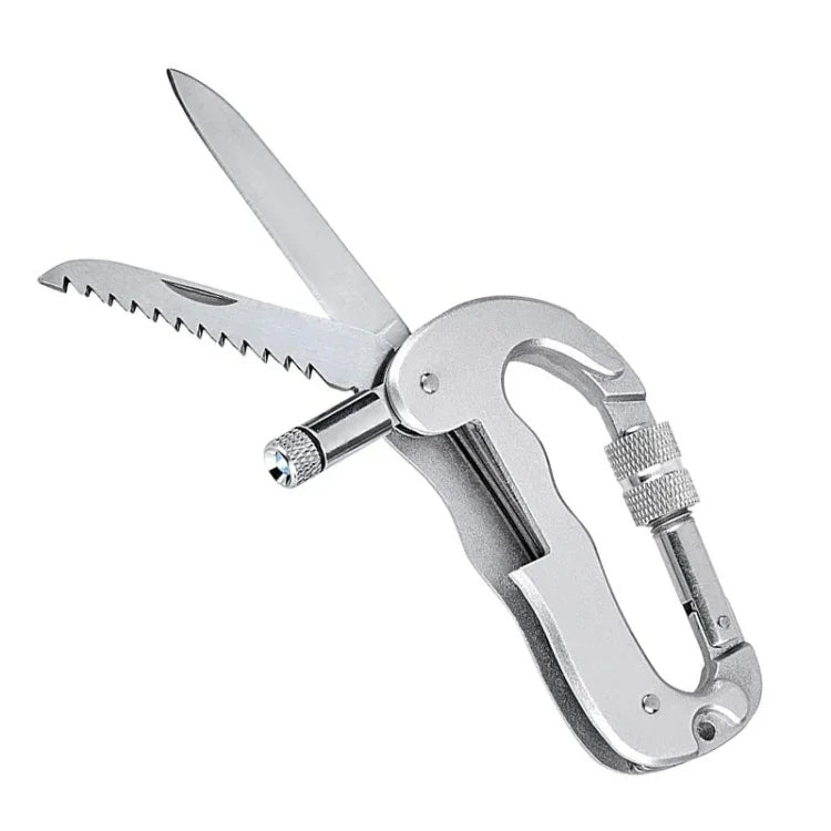 Mousqueton robuste en forme de D avec pince clip porte-clés, couteau double & lampe torche LED, Forme D + Couteau