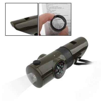 7 en 1 (Sifflet de survie / Boussole / Thermomètre / Lampe LED / Loupe / Rétro-réflecteur / Cordelette), Sifflet de survie 7 en 1