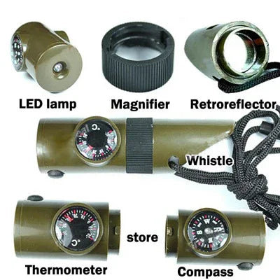 7 en 1 (Sifflet de survie / Boussole / Thermomètre / Lampe LED / Loupe / Rétro-réflecteur / Cordelette), Sifflet de survie 7 en 1