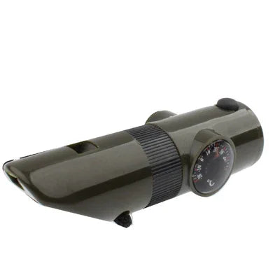 7 en 1 (Sifflet de survie / Boussole / Thermomètre / Lampe LED / Loupe / Rétro-réflecteur / Cordelette), Sifflet de survie 7 en 1
