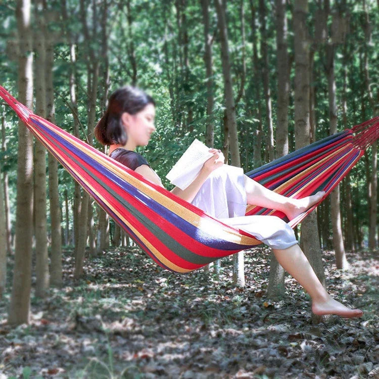Hamac de camping individuel en toile à rayures, Dimensions : 185 cm x 80 cm, 185 cm x 80 cm (Rouge), 260 cm x 100 cm (Bleu)